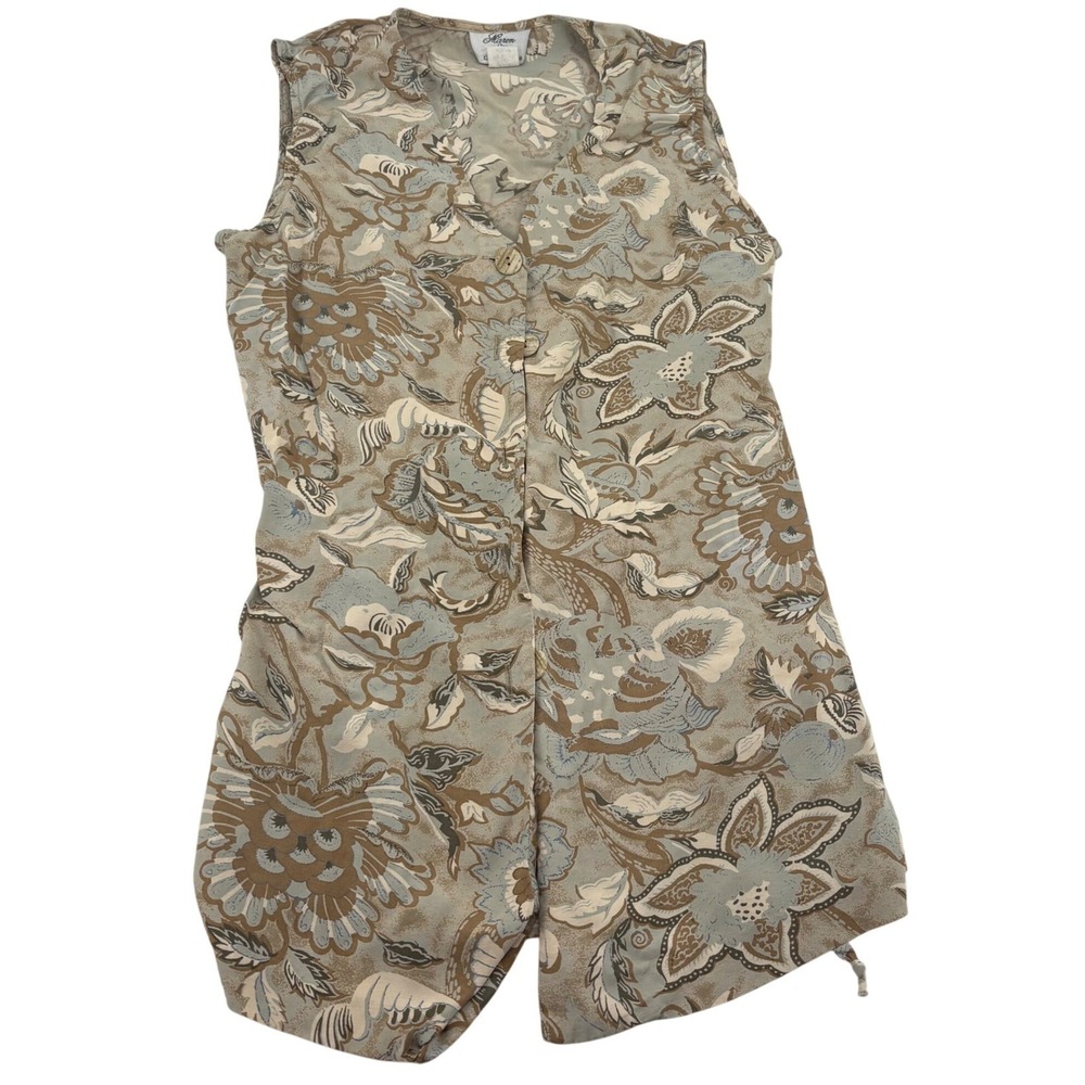 Vintage Maren & Maren Floral Paisley‎ Longline Vest Sage Tan Rayon Made in USA M